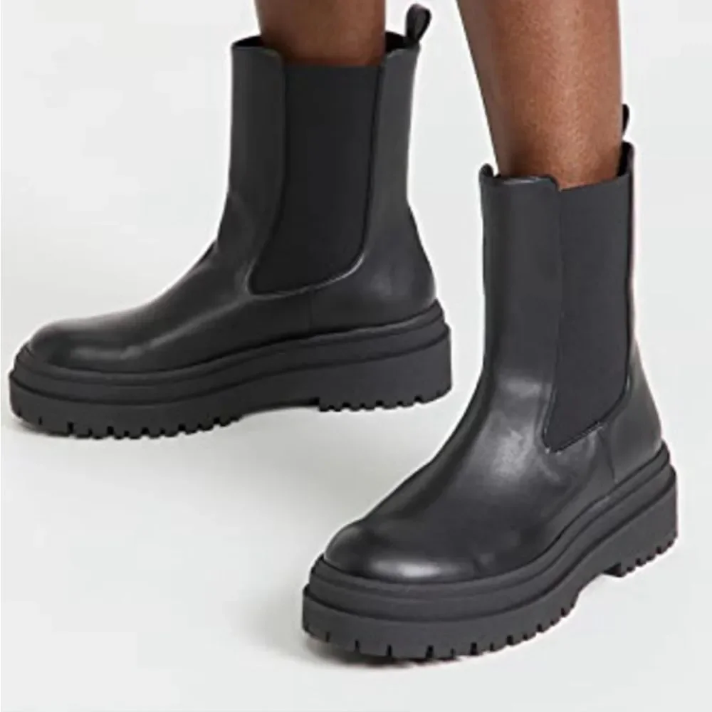 New Good American Black Leather Pull On Platform Boots - Picture 12 of 13